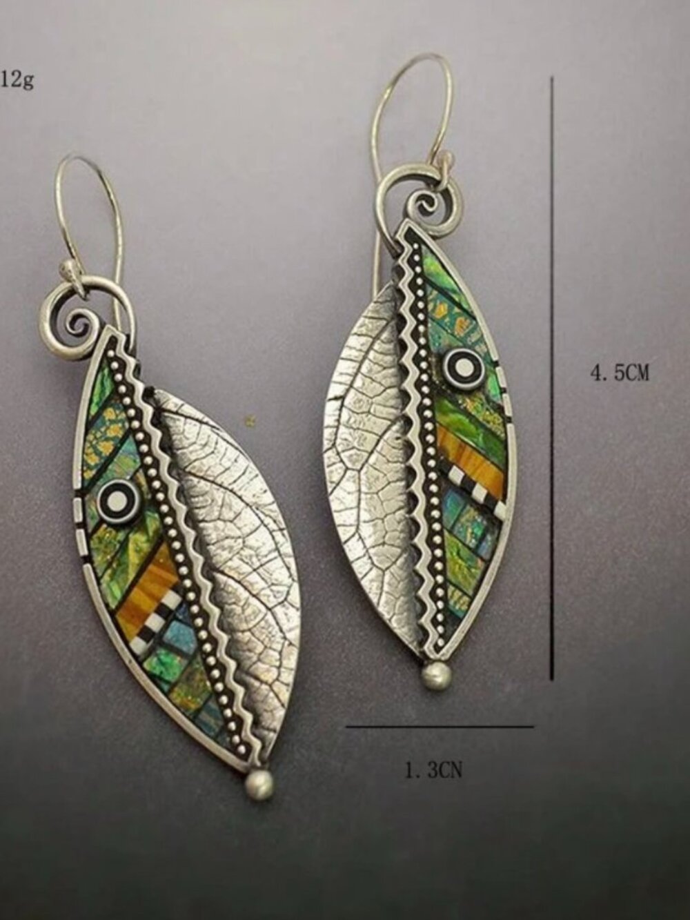 Silver Tone Mosaic Leaf Dangle Earrings